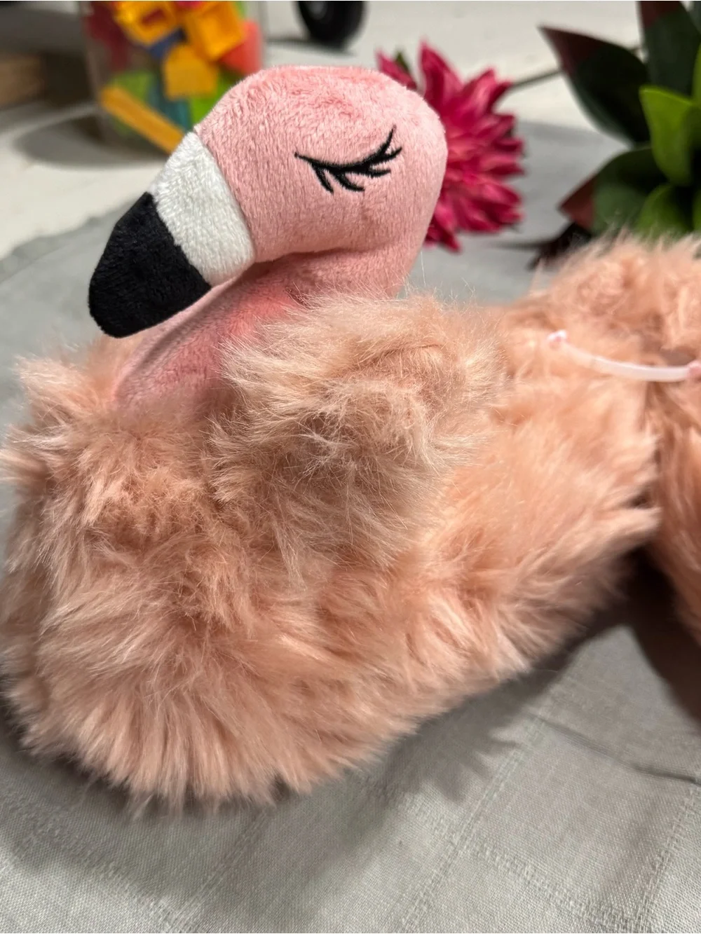 Old Navy Flamingo Fuzzy Slippers Girls Size 12-13 Pink House Shoes novelty